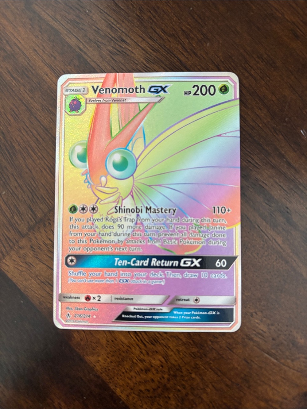 Pokemon Venomoth GX Holographic Rainbow Foil Card - Green Pink Yellow